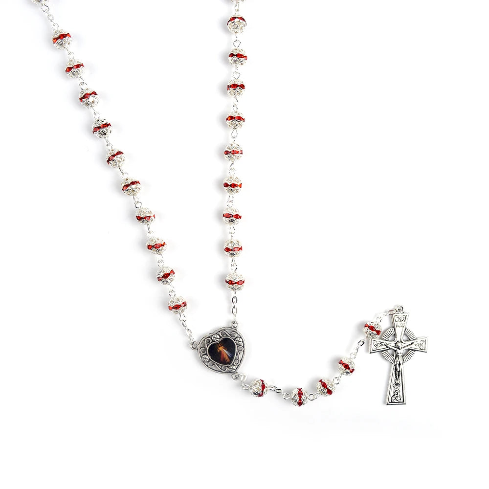 Divine Mercy Heart Crystal Rosary – Carved Red Beads & Ornate Silver Crucifix