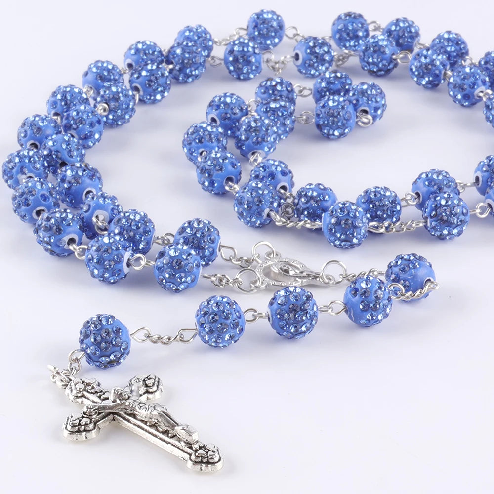 Shimmering Rhinestone Crystal Rosary with Silver Crucifix – Elegant Catholic Prayer Beads (Buy 2 Get 2 FREE)