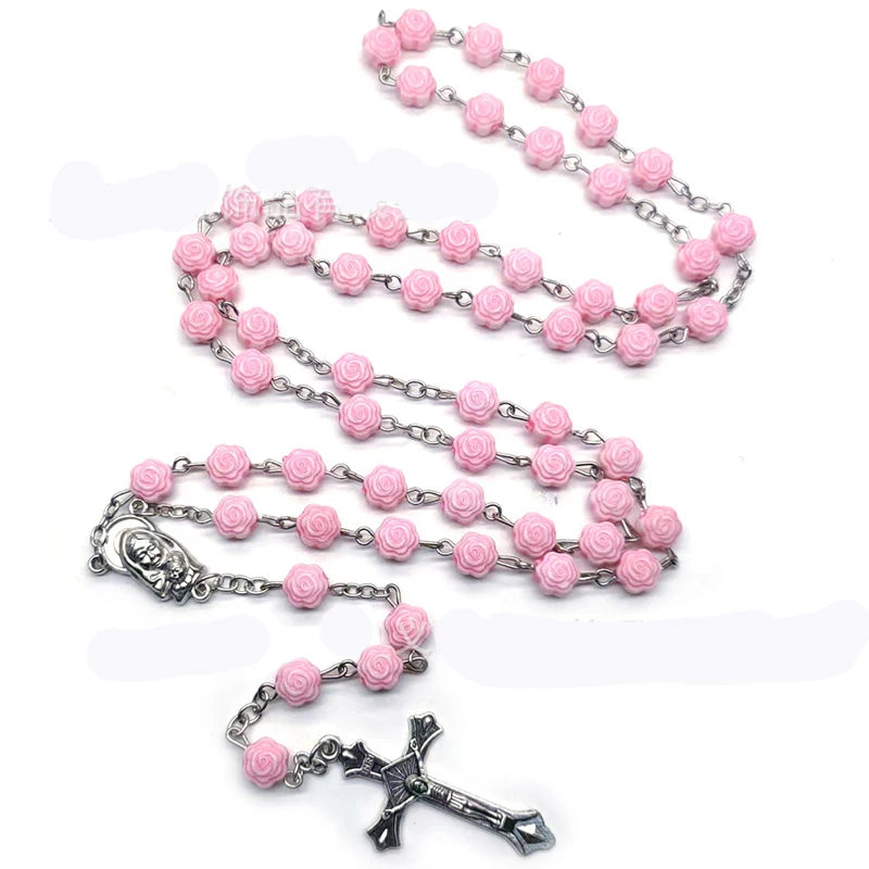 First Communion Rosary Set for Girls with Pink Rose Shaped Bead (Buy 2, Get 1 FREE)