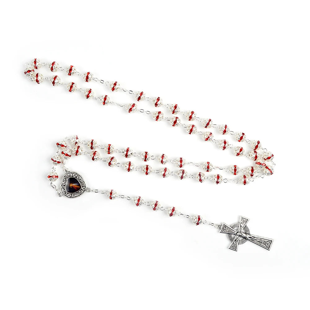 Divine Mercy Heart Crystal Rosary – Carved Red Beads & Ornate Silver Crucifix