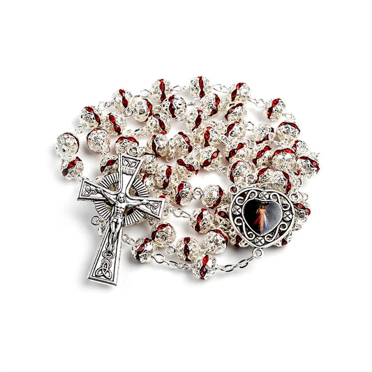 Divine Mercy Heart Crystal Rosary – Carved Red Beads & Ornate Silver Crucifix