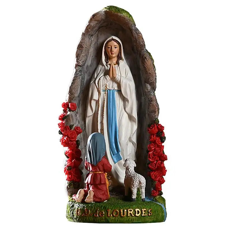 Virgin Mary Resin Sculpture of Our Lady Of Lourdes With St Bernadette And Lamb (+ 2 FREE Rosary)