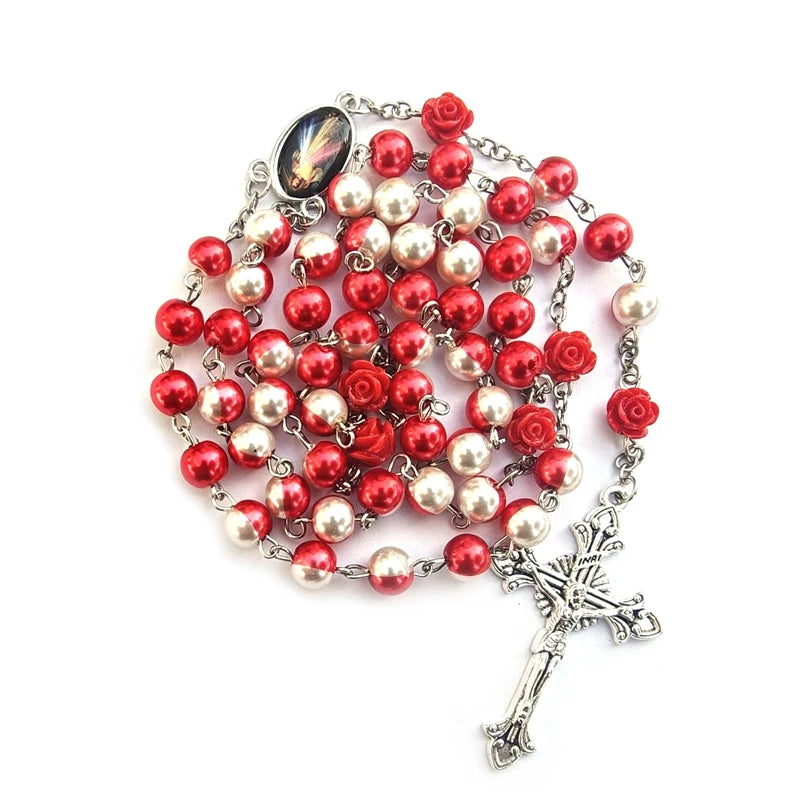 Divine Mercy Red & White Pearl Rosary – Floral Rose Beads with Sacred Crucifix (Buy 2 Get 1 FREE)