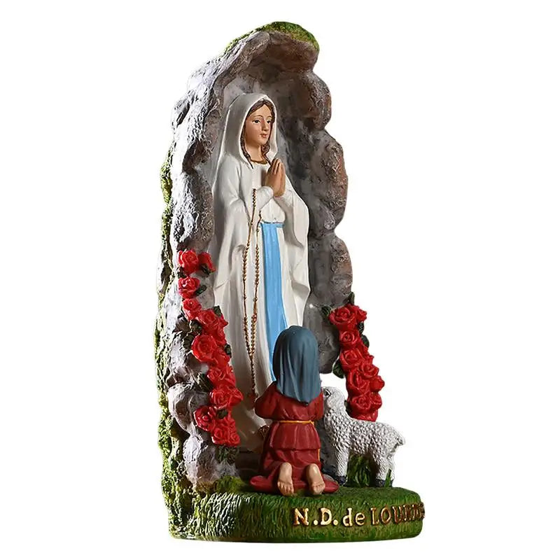 Virgin Mary Resin Sculpture of Our Lady Of Lourdes With St Bernadette And Lamb (+ 2 FREE Rosary)