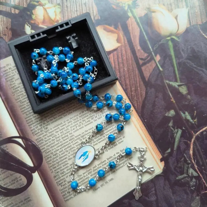 Our Lady of Grace Vintage Blue Glass Bead Rosary – Elegant Catholic Prayer Beads (Buy 2 Get 1 FREE)