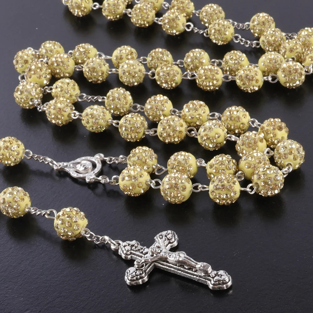Shimmering Rhinestone Crystal Rosary with Silver Crucifix – Elegant Catholic Prayer Beads (Buy 2 Get 2 FREE)
