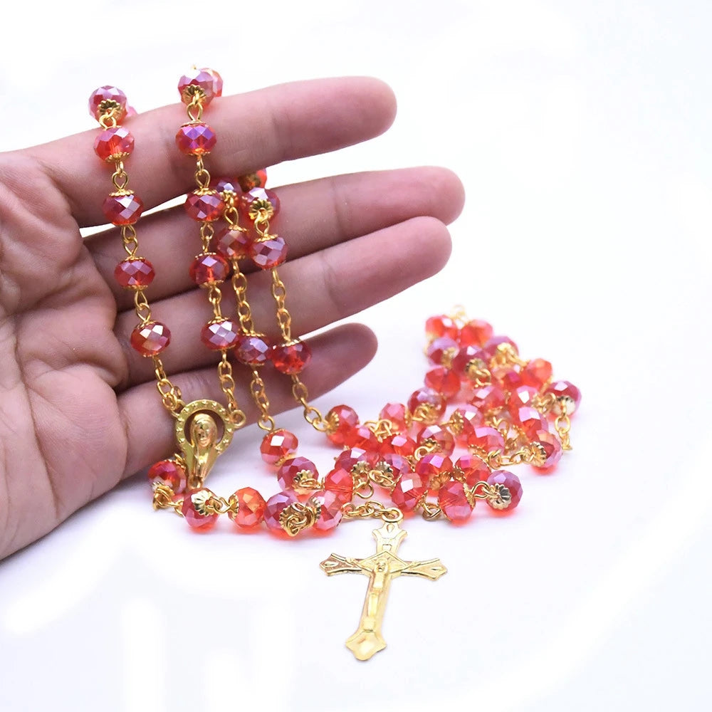 Luxury Gold & Red Crystal Rosary – Faceted Glass Beads & Sacred Crucifix