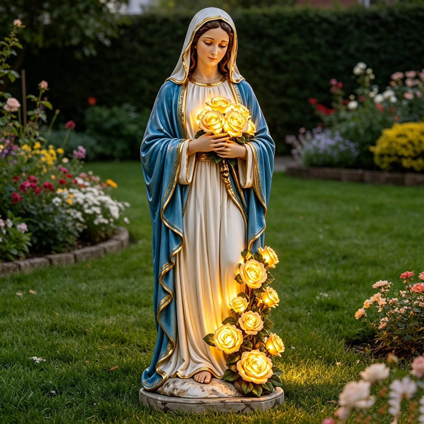 Illuminated Blessed Virgin Mary Garden Statue – Glowing Rose Religious Décor
