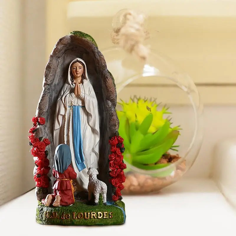 Virgin Mary Resin Sculpture of Our Lady Of Lourdes With St Bernadette And Lamb (+ 2 FREE Rosary)