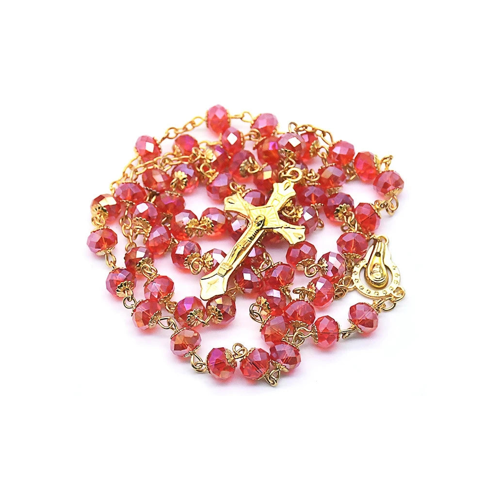 Luxury Gold & Red Crystal Rosary – Faceted Glass Beads & Sacred Crucifix