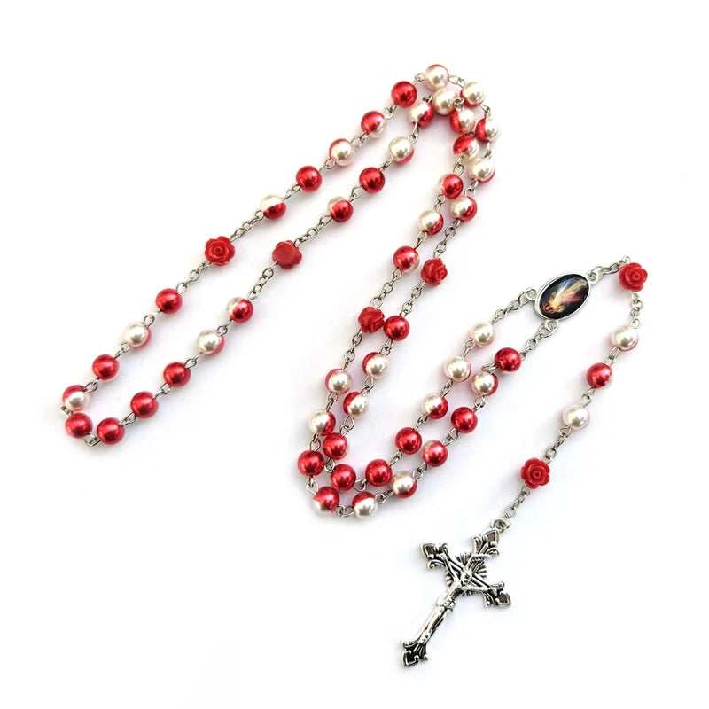 Divine Mercy Red & White Pearl Rosary – Floral Rose Beads with Sacred Crucifix (Buy 2 Get 1 FREE)