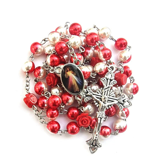Divine Mercy Red & White Pearl Rosary – Floral Rose Beads with Sacred Crucifix (Buy 2 Get 1 FREE)