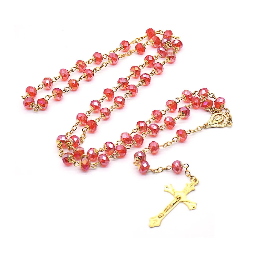 Luxury Gold & Red Crystal Rosary – Faceted Glass Beads & Sacred Crucifix