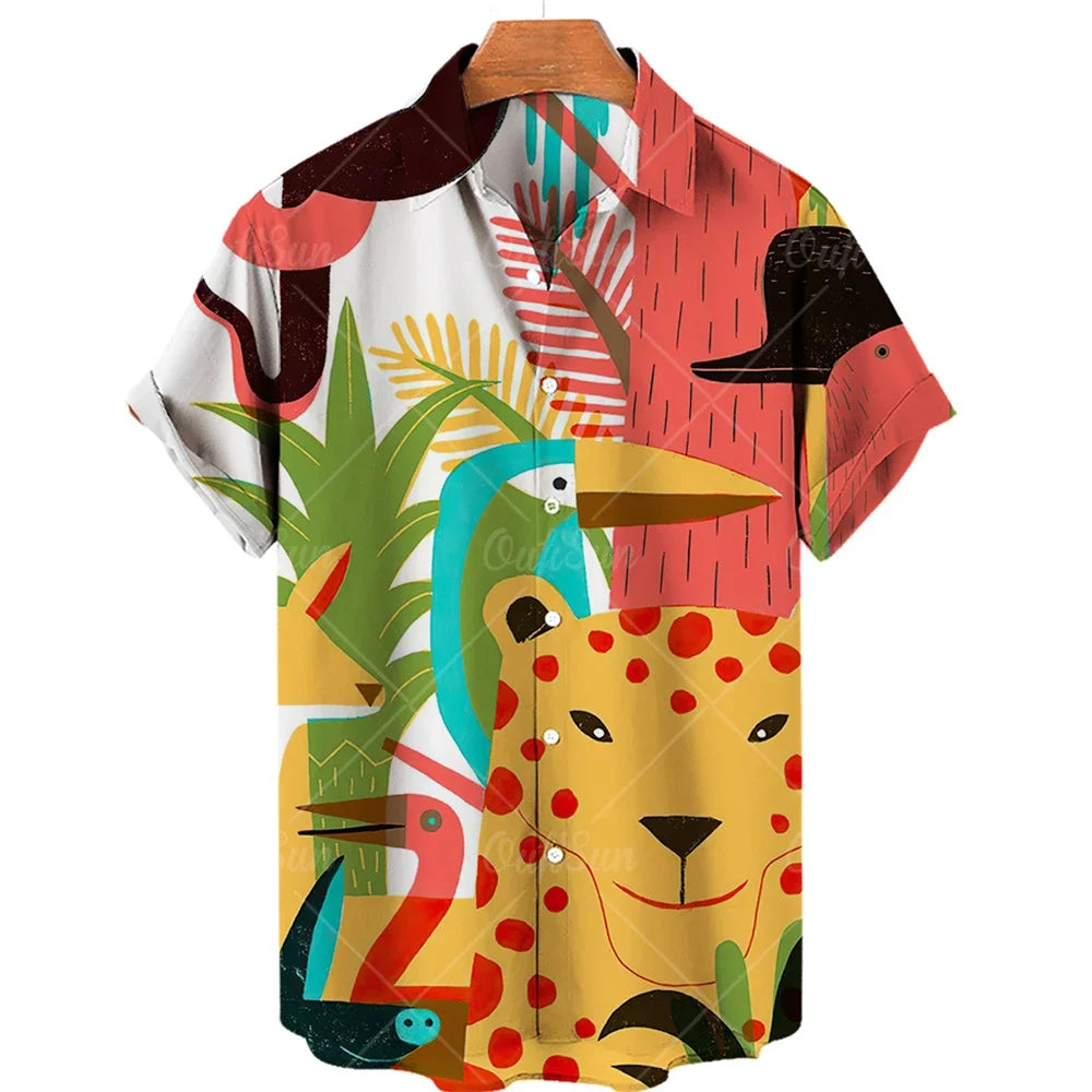 Wildlife Print Men's Comfortable Fabric Short Sleeve Summer Shirt