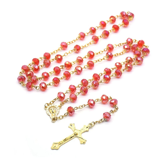 Luxury Gold & Red Crystal Rosary – Faceted Glass Beads & Sacred Crucifix