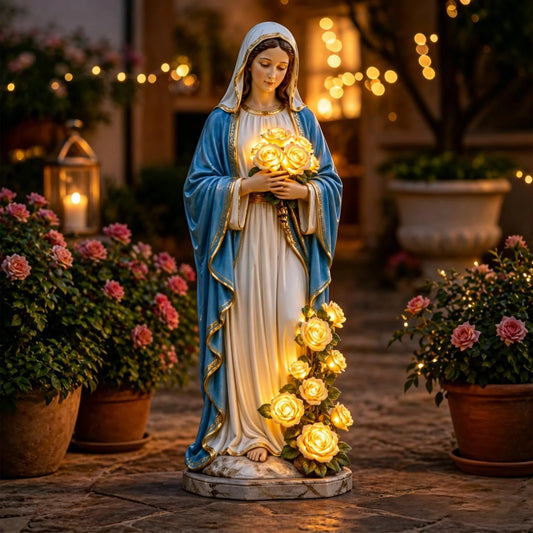 Illuminated Blessed Virgin Mary Garden Statue – Glowing Rose Religious Décor