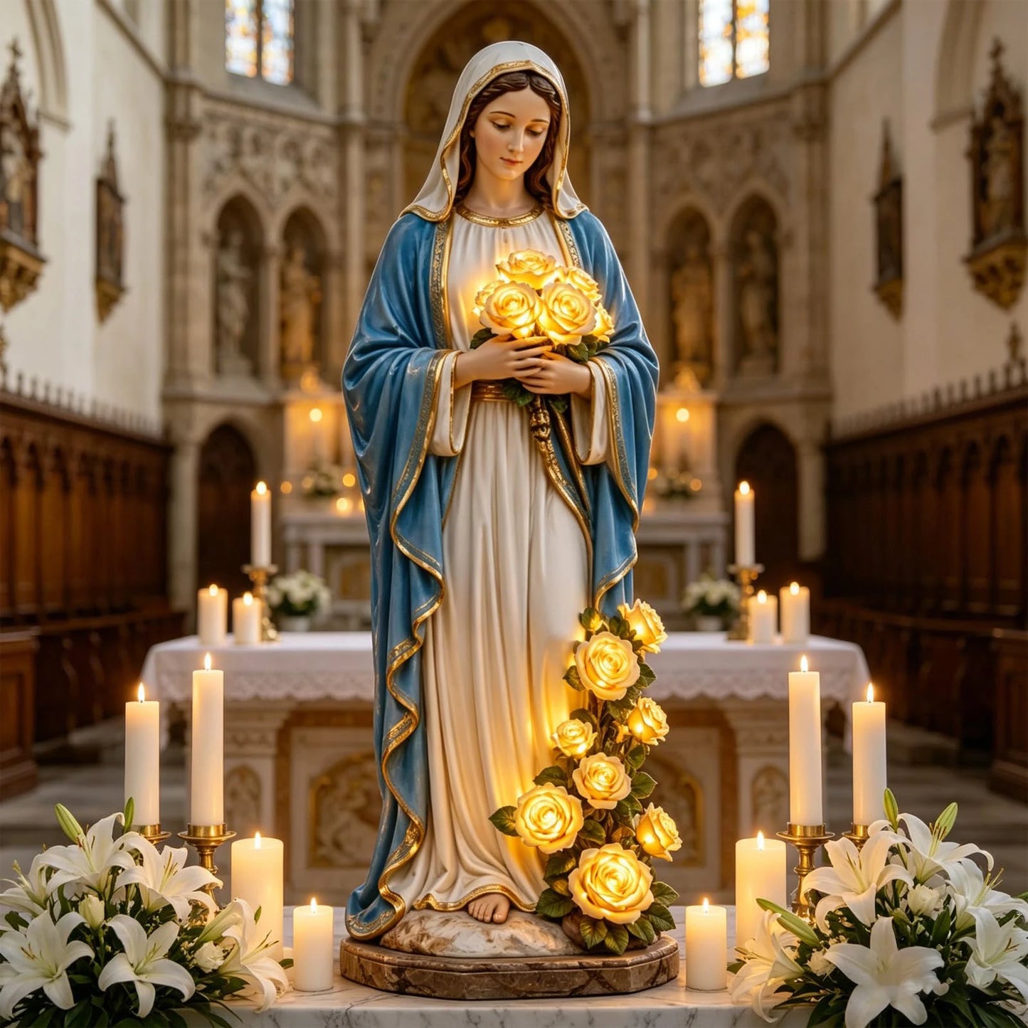 Illuminated Blessed Virgin Mary Garden Statue – Glowing Rose Religious Décor
