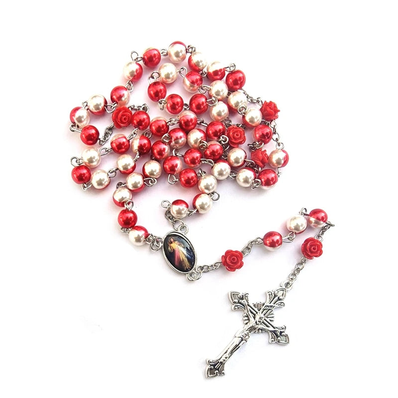 Divine Mercy Red & White Pearl Rosary – Floral Rose Beads with Sacred Crucifix (Buy 2 Get 1 FREE)