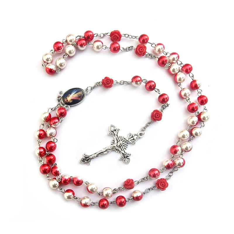 Divine Mercy Red & White Pearl Rosary – Floral Rose Beads with Sacred Crucifix (Buy 2 Get 1 FREE)