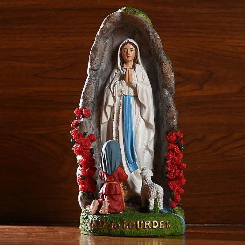 Virgin Mary Resin Sculpture of Our Lady Of Lourdes With St Bernadette And Lamb (+ 2 FREE Rosary)