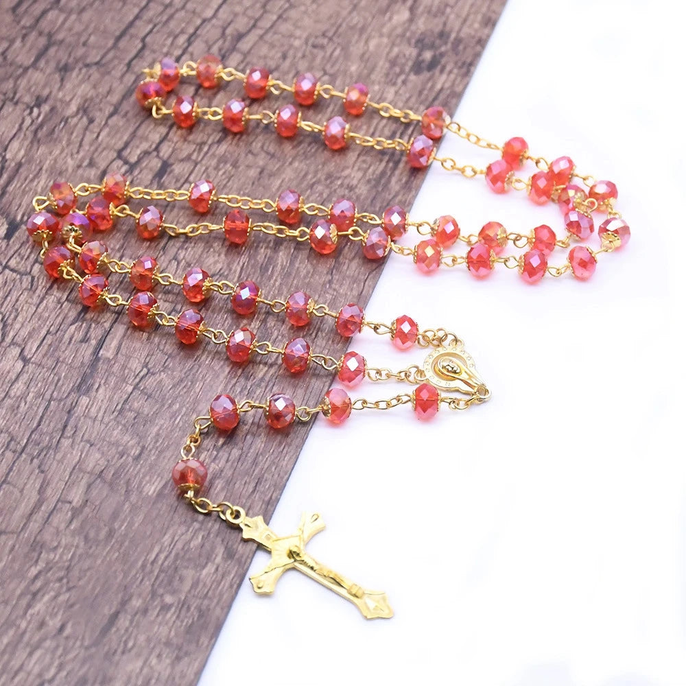 Luxury Gold & Red Crystal Rosary – Faceted Glass Beads & Sacred Crucifix