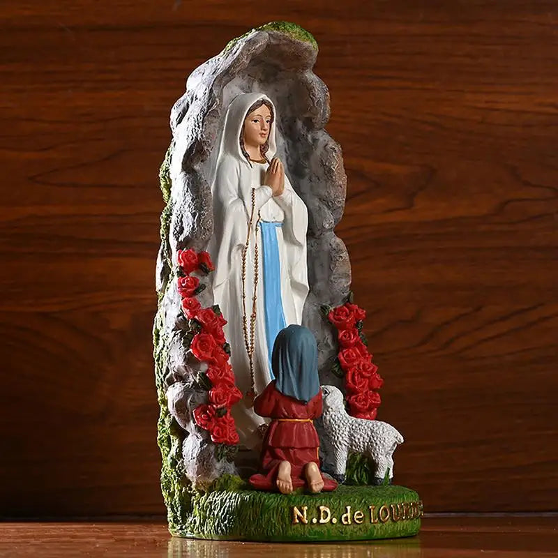 Virgin Mary Resin Sculpture of Our Lady Of Lourdes With St Bernadette And Lamb (+ 2 FREE Rosary)